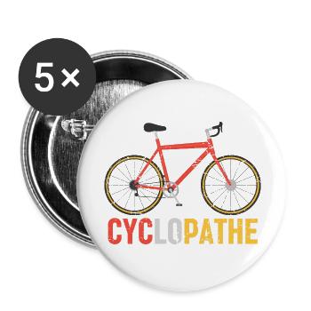 Cyclopathe humour vélo cadeau cyclisme cycliste - Lot de 5 grands badges (56 mm) - blanc - Devant