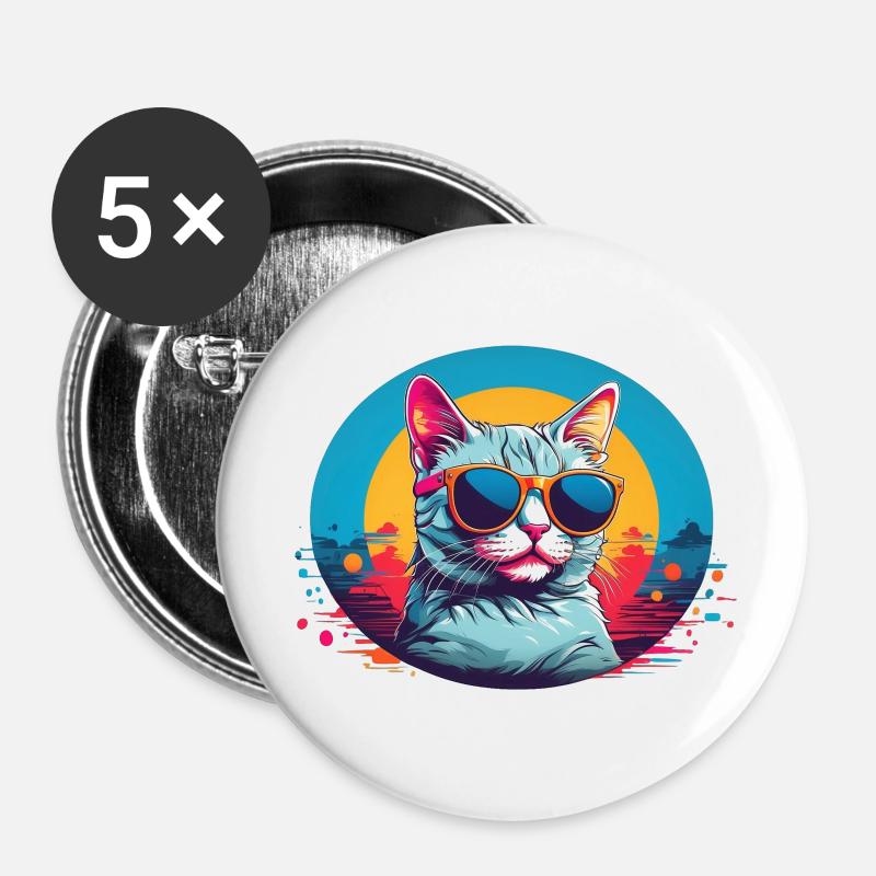 Cool Cat with Sungalsses - Buttons large 2.2''/56 mm (5-pack) - white