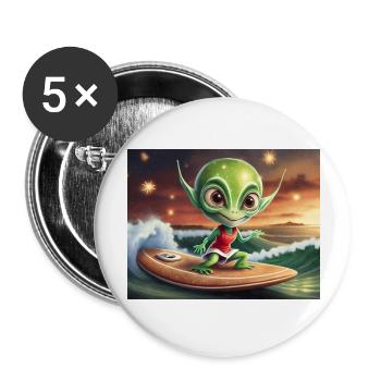 cute little green retro vintage alien surfing - Buttons large 2.2''/56 mm (5-pack) - white - Front