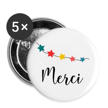 MERCI. MAÎTRESSE. MAÎTRE. MERCI MAÎTRESSE - Lot de 5 grands badges (56 mm) - blanc - Devant