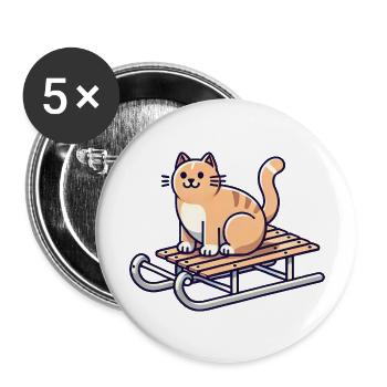 Katze auf Schlitten - Buttons groß 56 mm (5er Pack) - Weiß - Vorne