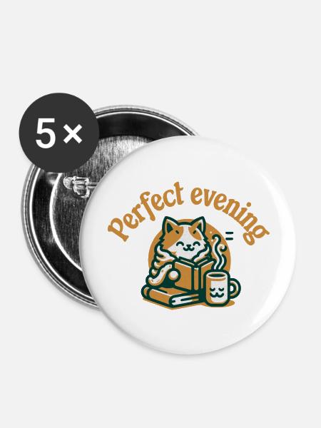 Katze Buch Tee Kaffee - Buttons groß 56 mm (5er Pack) - Weiß