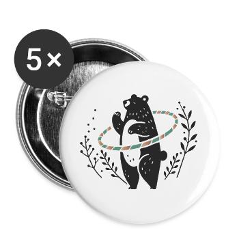 Tanzender Braunbär mit Hula-Hoop-Reifen - Buttons groß 56 mm (5er Pack) - Weiß - Vorne