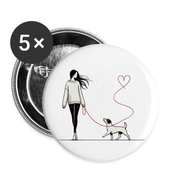 Connexion du cœur – maîtresse avec chien - Lot de 5 grands badges (56 mm) - blanc - Devant