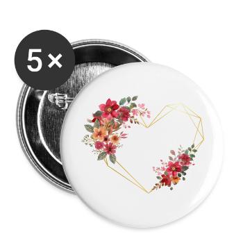 Lettre b cœur doré floral - Lot de 5 grands badges (56 mm) - blanc - Devant