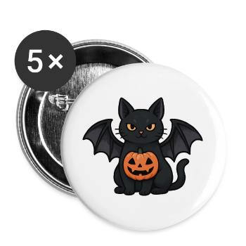 Chat chauve-souris d’Halloween avec citrouille - Lot de 5 grands badges (56 mm) - blanc - Devant