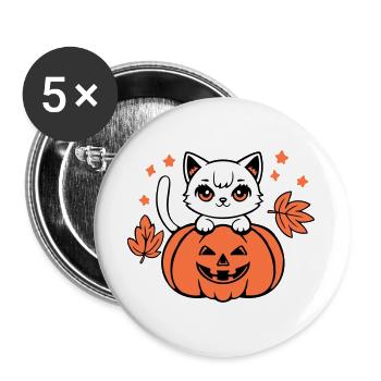 Herbst Katze Weiß Kürbis Ahorn Blatt Süß Halloween - Buttons groß 56 mm (5er Pack) - Weiß - Vorne