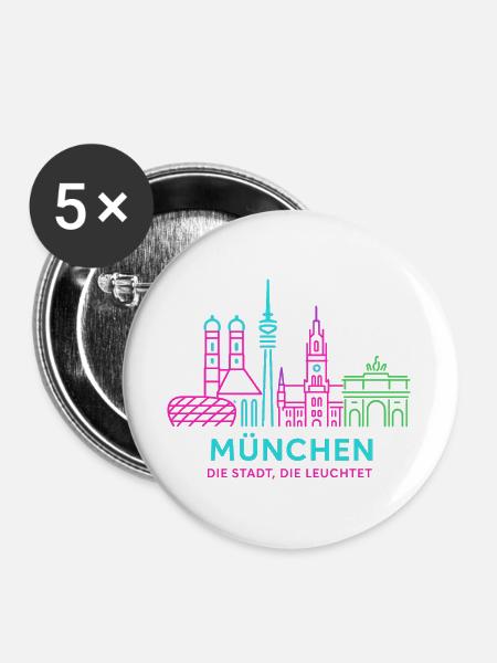 München Neon Skyline - Buttons groß 56 mm (5er Pack) - Weiß