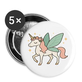 Niedliches Feen-Einhorn mit Blumen und Glitzern - Buttons groß 56 mm (5er Pack) - Weiß - Vorne