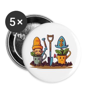 Gartenfreunde: Gnome in Töpfen - Buttons groß 56 mm (5er Pack) - Weiß - Vorne
