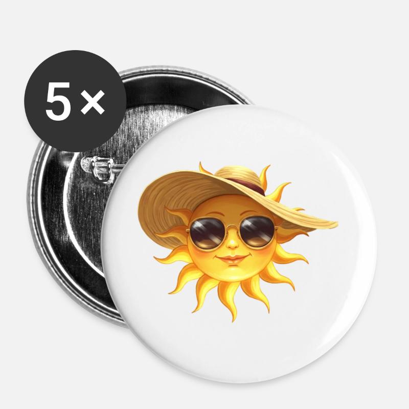 Sunny Sun with Hat and Shades - Buttons large 2.2''/56 mm (5-pack) - white