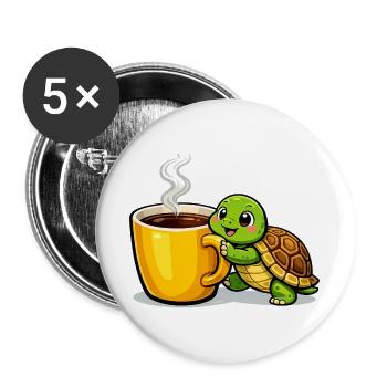 Kaffeeturtle mit dampfendem Becher - Buttons groß 56 mm (5er Pack) - Weiß - Vorne
