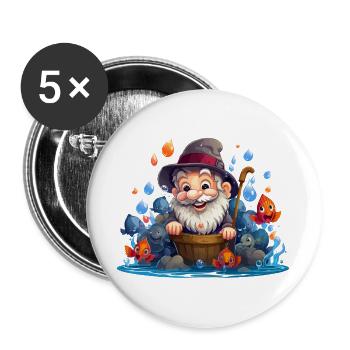 Fröhlicher Fischer mit bunten Fischen - Buttons groß 56 mm (5er Pack) - Weiß - Vorne