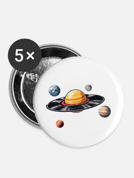 Schallplatten Planet im Weltraum - Buttons groß 56 mm (5er Pack) - Weiß