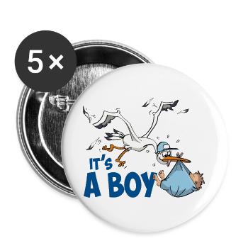 Storch mit dem kleinen Jungen; "Es ist ein Junge" - Buttons groß 56 mm (5er Pack) - Weiß - Vorne