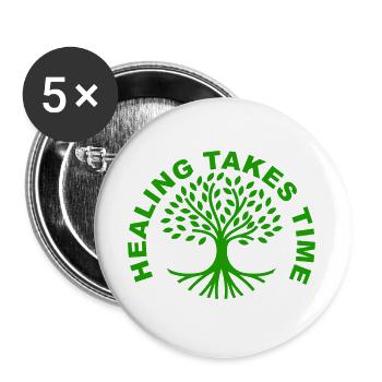 Heilung braucht Zeit – Shirt zur Sensibilisierung für psychische Gesundheit - Buttons groß 56 mm (5er Pack) - Weiß - Vorne