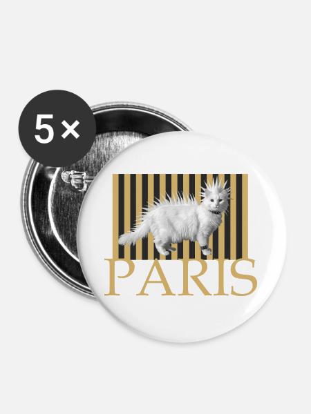 Paris Punk Katze Langhaar - Buttons groß 56 mm (5er Pack) - Weiß