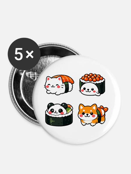 Kawaii Sushi Tierchen Kollektion - Buttons groß 56 mm (5er Pack) - Weiß