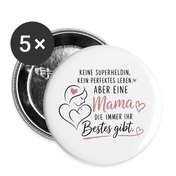 Mama mit Herz – Beste Mama - Buttons groß 56 mm (5er Pack) - Weiß - Vorne
