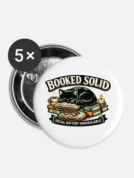 Booked Solid Cat and Books - Buttons groß 56 mm (5er Pack) - Weiß