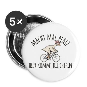 Radfahrerin Gans Hier kommt die Chefin - Buttons groß 56 mm (5er Pack) - Weiß - Vorne