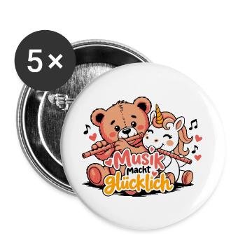 Blockflöte - Musik macht glücklich - Buttons groß 56 mm (5er Pack) - Weiß - Vorne