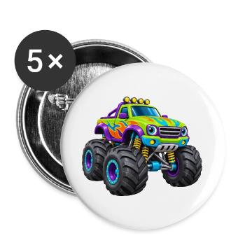 Bunter Monstertruck Flammen-Design - Buttons groß 56 mm (5er Pack) - Weiß - Vorne
