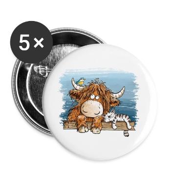 Highland Kuh Mit Katze Bauernhof Tierhumor Cartoon - Buttons groß 56 mm (5er Pack) - Weiß - Vorne