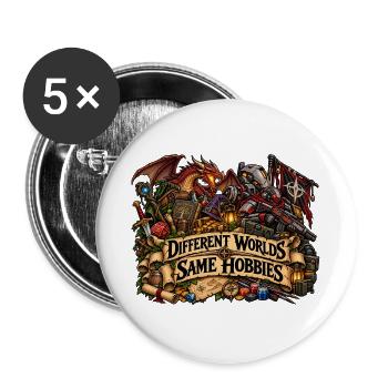 Verschiedene Welten Gleiche Hobbys - Buttons groß 56 mm (5er Pack) - Weiß - Vorne
