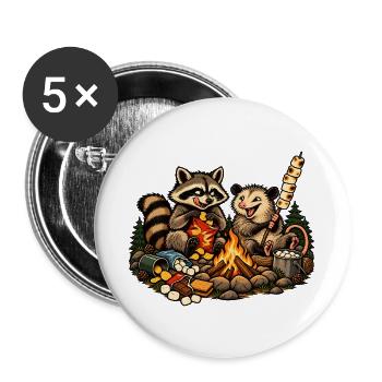 Waschbär & Opossum am Lagerfeuer – Camping - Buttons groß 56 mm (5er Pack) - Weiß - Vorne