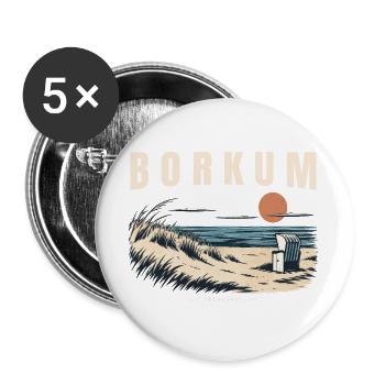 Borkum Nordsee Inselzeit Retro Strandkorb - Buttons groß 56 mm (5er Pack) - Weiß - Vorne