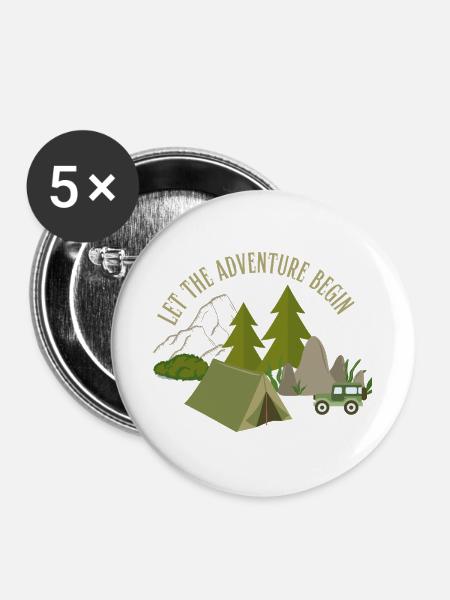 Lasst das Abenteuer beginnen – Camping - Buttons groß 56 mm (5er Pack) - Weiß