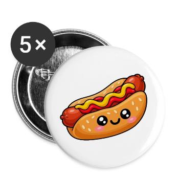 Kawaii Hotdog mit Kulleraugen - Buttons groß 56 mm (5er Pack) - Weiß - Vorne