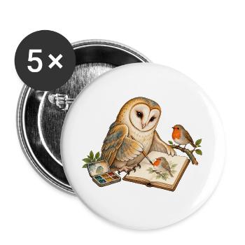 Eule malt ein Rotkehlchen - Buttons groß 56 mm (5er Pack) - Weiß - Vorne