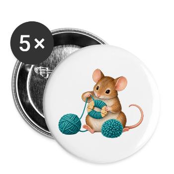 Maus wickelt einen Wollpompon - Buttons groß 56 mm (5er Pack) - Weiß - Vorne