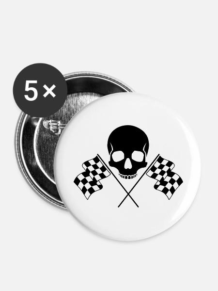 Schädel Karierte Fahnen - Buttons groß 56 mm (5er Pack) - Weiß