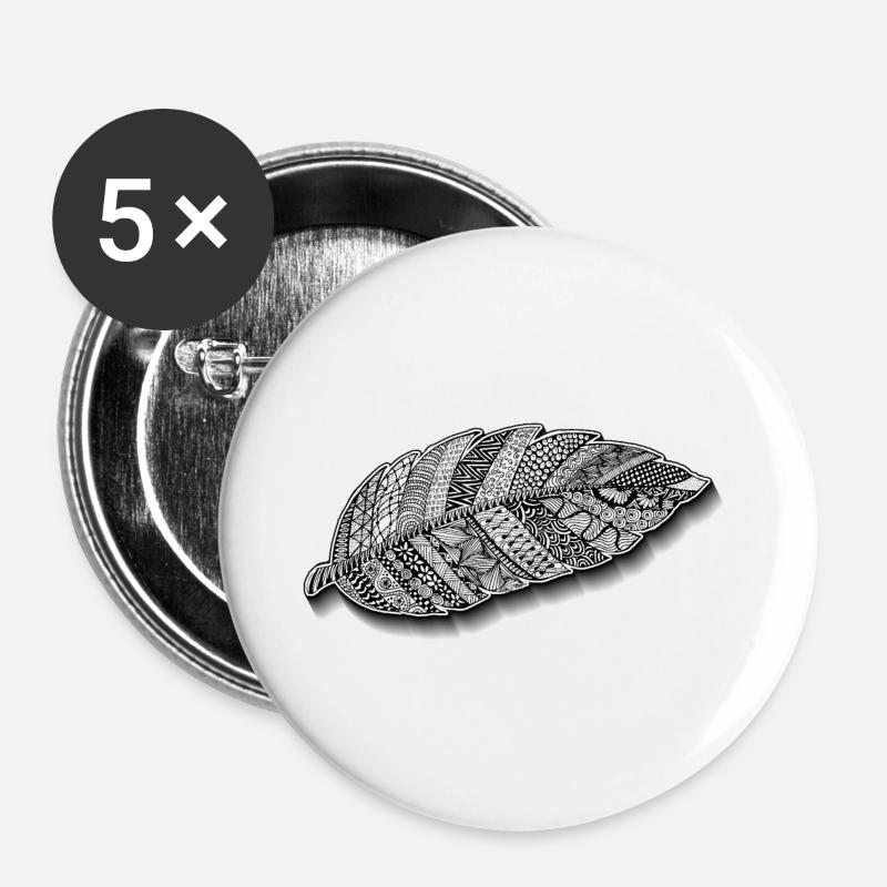 Zentangle feather self-drawn as light as a feather - Buttons large 2.2''/56 mm (5-pack) - white