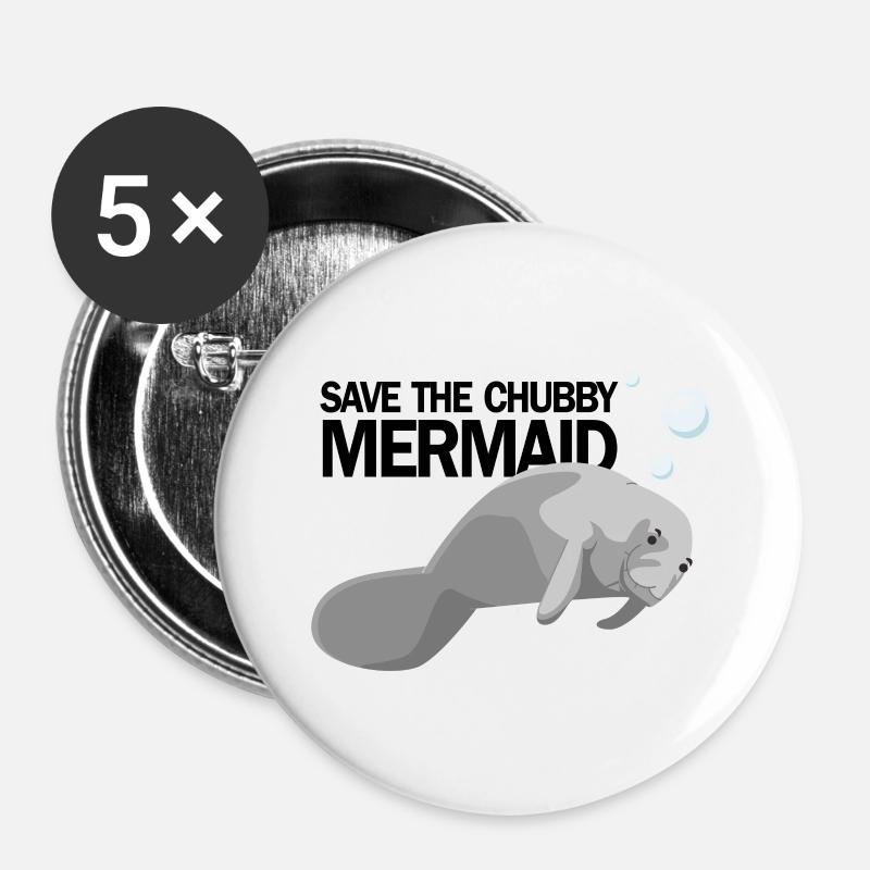 SAVE THE CHUBBY MERMAID AKA MANATEE - Buttons large 2.2''/56 mm (5-pack) - white