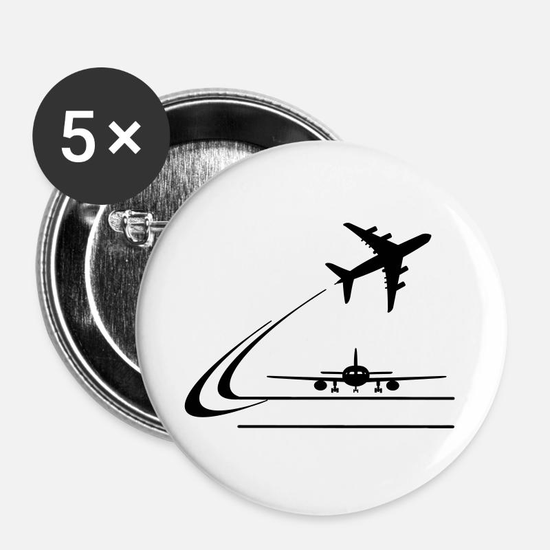 Vorderansicht Flugzeug und wegfliegendes Flugzeug - Buttons groß 56 mm (5er Pack) - Weiß