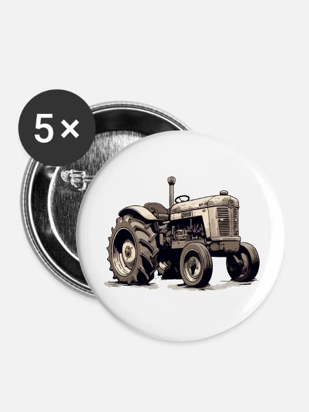 Altmodischer Traktor - Buttons groß 56 mm (5er Pack) - Weiß