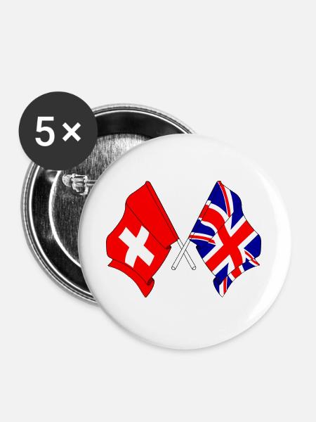 Flagge Schweiz, Flagge England - Buttons groß 56 mm (5er Pack) - Weiß