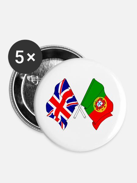 Flagge England, Flagge Portugal - Buttons groß 56 mm (5er Pack) - Weiß