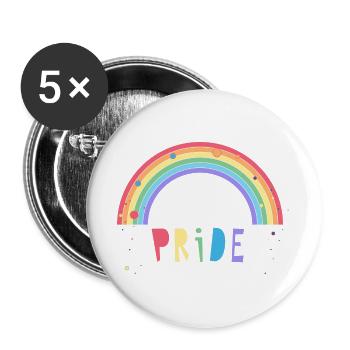 bunter Pride Schriftzug mit Regenbogen - Buttons groß 56 mm (5er Pack) - Weiß - Vorne