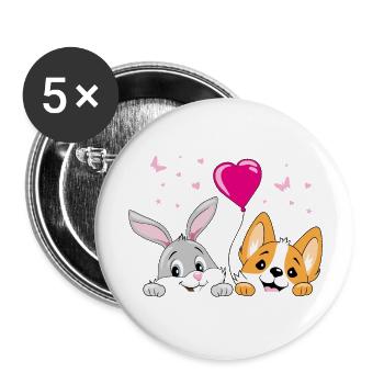 Lapin souriant et chien corgi avec ballon - Lot de 5 grands badges (56 mm) - blanc - Devant
