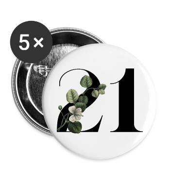 Numéro 21 floral vert -21e anniversaire floral - Lot de 5 grands badges (56 mm) - blanc - Devant