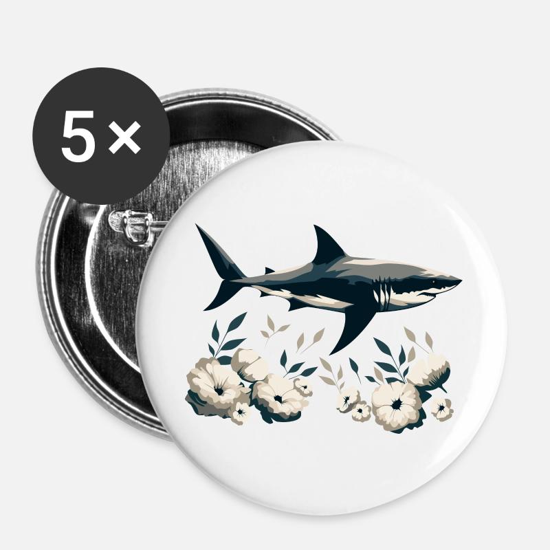 Shark with flowers - Buttons large 2.2''/56 mm (5-pack) - white