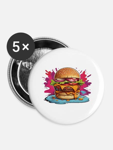 Cheeseburger mit poppigem Farbklecks - Buttons groß 56 mm (5er Pack) - Weiß