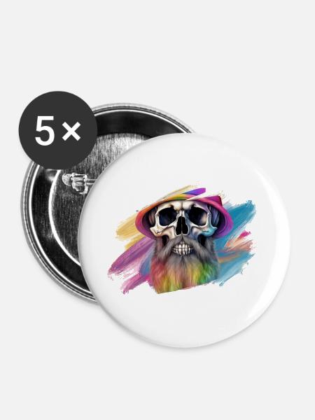 Bunte Regenbogen-Totenkopf-Designe - Buttons groß 56 mm (5er Pack) - Weiß