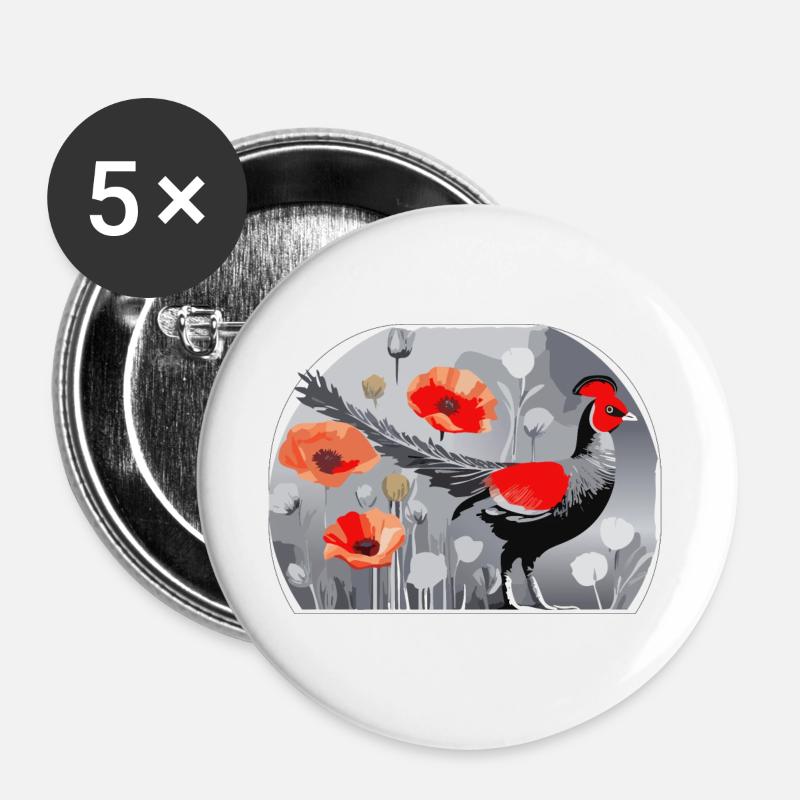 Pheasant and Poppies Illustration - Buttons large 2.2''/56 mm (5-pack) - white