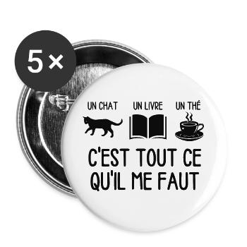Chat livre thé - Lot de 5 grands badges (56 mm) - blanc - Devant